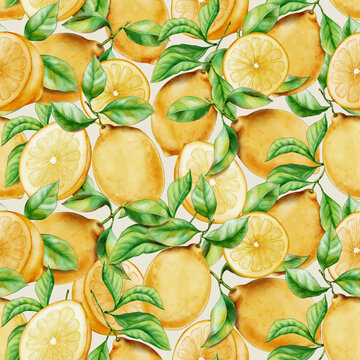 Watercolor Hand Drawn Lemon Pattern. Seamless Backdrop for Home Decor or Fashion Design. Citrus Fruits with Leaves on Ivory Background.