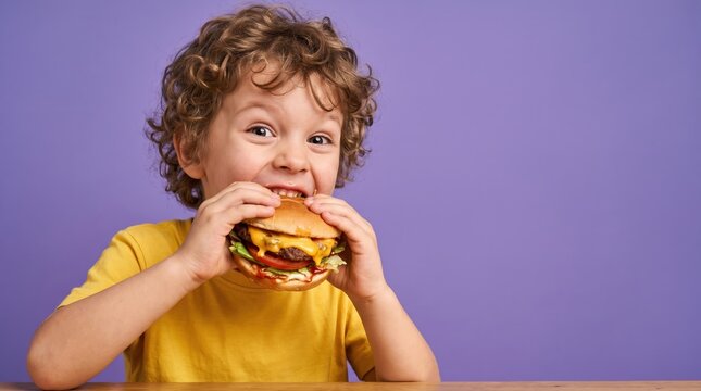 A young boy with curly hair sits at a table holding a big burger with both hands. He smiles widely as he prepares to take a bite. The background is a bright purple color
