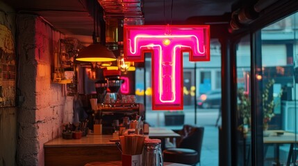 Obraz premium Vibrant cafe interior with neon sign