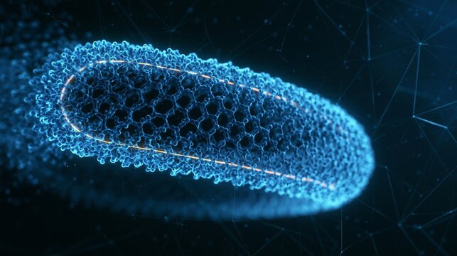 Medium shot of a glowing nanoscale vesicle crosssection highlighting its thin phospholipid bilayer against a dark navy background with subtle floating particle grid and cyan rim
