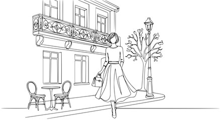 Fototapeta premium Elegant Woman Walking on Parisian Street with Cafe and Balcony - Line Art