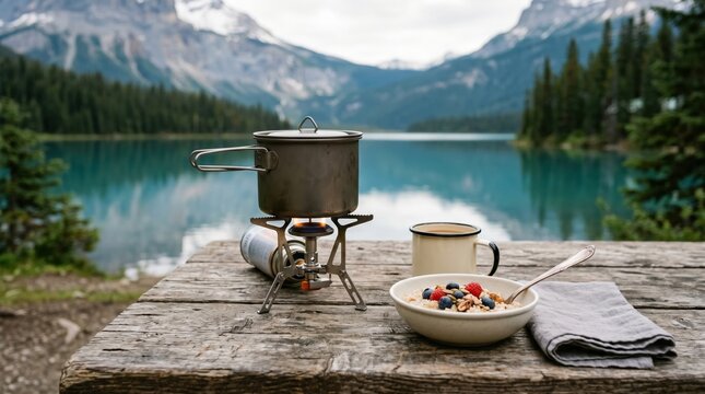 Remote camping breakfast cooking on a portable stove beside a mountain lake. Outdoor picnic setup with oatmeal, mug, cookware, and alpine wilderness scenery.