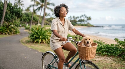 Obraz premium Smiling african american woman riding a bicycle with a puppy in a wicker basket along a tropical beach path. Relaxed seaside leisure and pet friendly outdoor travel on a sunny coastal road.