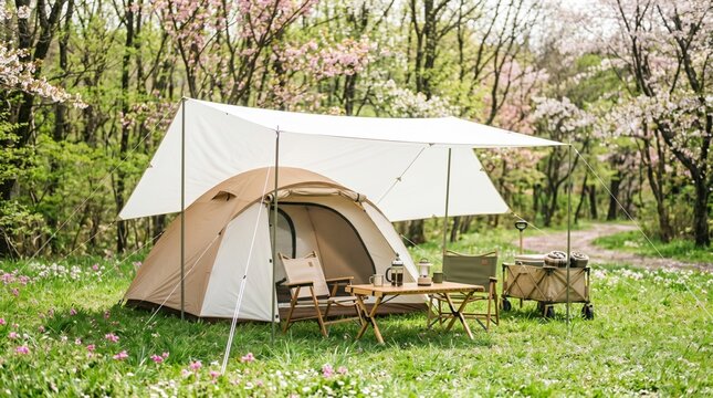 Scenic camping tent with canopy and wooden table in blooming spring forest. Cozy outdoor campsite with portable chairs lanterns and picnic setup in nature retreat