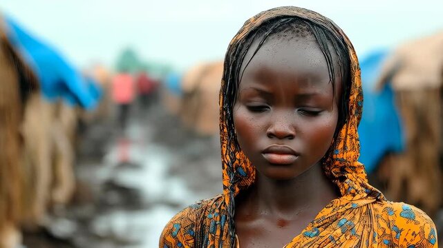 Close up of a sad African refugee girl in the rain at a camp looking into the camera. Emotional ESG storytelling, social responsibility, and humanitarian aid concept for documentary videos