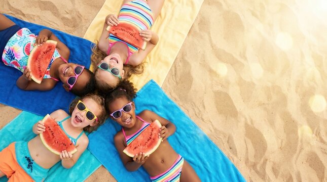Four girls relax on colorful towels at a beach. They wear bright swimsuits and sunglasses. Each girl holds a slice of watermelon while smiling and having fun on the warm sand