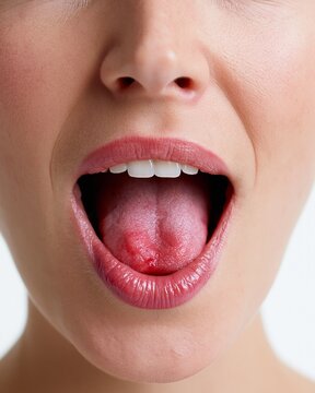 Medium shot of a frontfacing open mouth highlighting a red inflamed tongue with subtle glossitis soft studio lighting emphasizes natural skin texture against a white backdrop