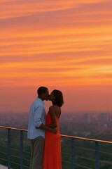 Fototapeta premium Rooftop couple kissing at vibrant orange sunset skyline background for romantic banner and lifestyle design