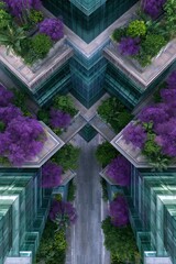 Fototapeta premium Aerial symmetrical rooftop garden courtyard with purple flowering trees and green terraces for modern urban background and sustainable cityscape design