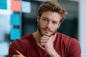 Obraz premium Young man holding pencil and thinking with sticky notes on glass for brainstorming background and planning session in office