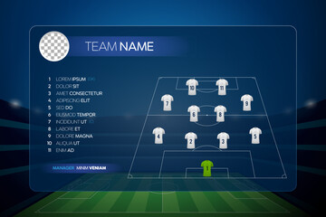 Naklejka premium Football soccer team lineup formation vector template featuring players list layout and jersey shirts on a modern transparent glassmorphism board with stadium background.