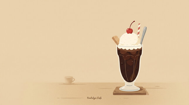 Coffee float illustration on a warm beige background.
Combines iced coffee and vanilla ice cream in a nostalgic caf&eacute; style.