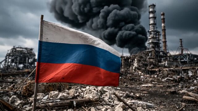 Russian Flag Amidst Destruction: A Russian flag flutters defiantly in the foreground, with a backdrop of industrial wreckage, plumes of black smoke billowing into a desolate, overcast sky.