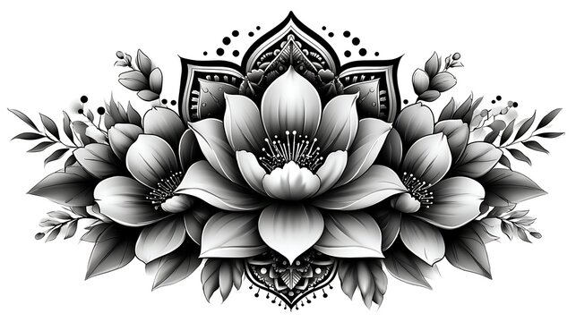 Black and white lotus flower illustration with intricate mandala pattern background and decorative foliage