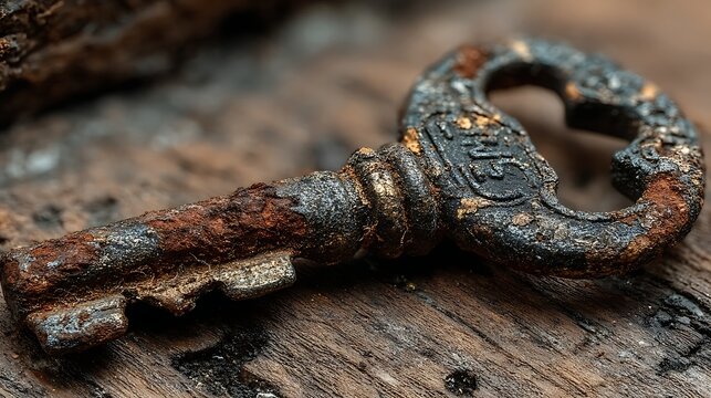 Vintage door key on rustic wooden table illuminated by daylight illustrator​