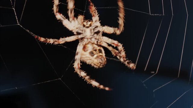 Large cross spider spinning silk web in dark nocturnal environment.
