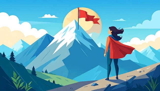 Woman, cape on trail looks towards a snow-capped mountain peak with red flag, blue sky