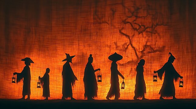 Vintage shadow puppet show silhouettes cast on fabric stage illustrator