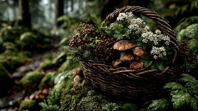 Wicker basket with wild mushrooms green herbs and colorful berries illustrator