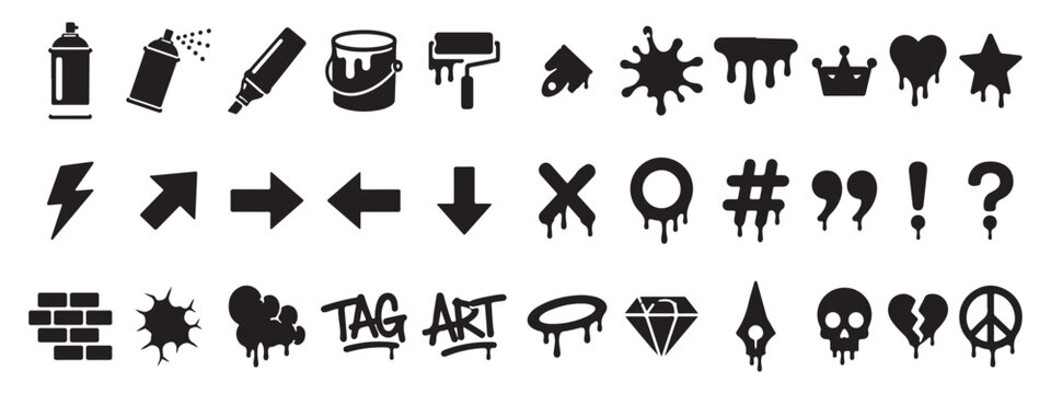 Unban Graffiti Elements Icons Set &ndash; 32 Black Silhouette Street Art Symbols Collection.