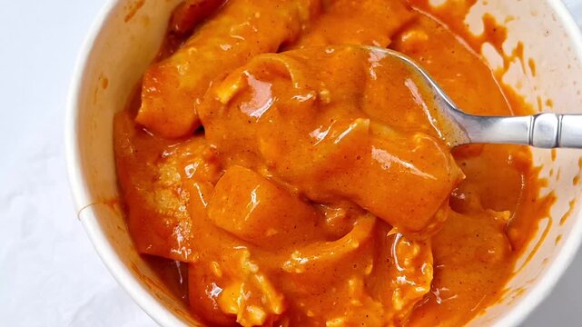 Close-up of a metal spoon stirring and scooping rose tteokbokki with Korean rice cakes and fish cake slices in a rich, creamy orange chili sauce.