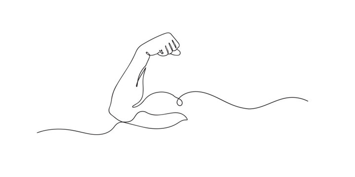 One line drawing of strong flexed arm muscle. Continuous line of fitness and strength symbol. Power concept. single line art vector illustration.