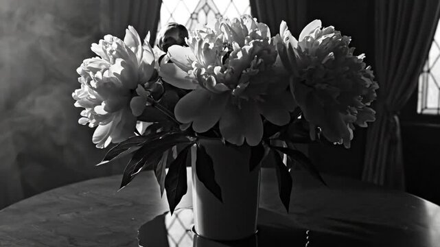 Black and white still life with luminous peonies in a vase on a round table near a window with curtains.
