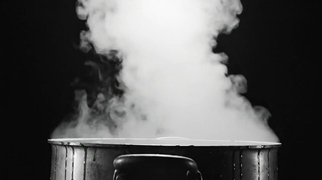 Black and white close up of steaming pot, steam billowing from simmering water, concept cooking in kitchen, isolated on black background