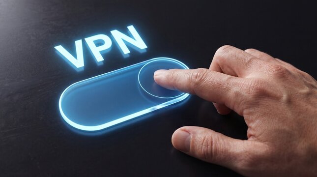 Hand pressing glowing VPN button on dark background with neon effect