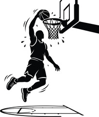 Basketball player slam dunking ball in hoop net with court line background vector illustration silhouette isolated on white background sport athlete action graphic © Malati