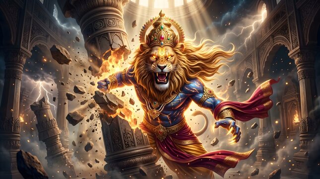 Lord narasimha Fierce lion deity manifesting power amidst crumbling stone architecture