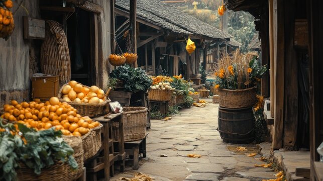 Rustic Asian market alley.  Fresh produce overflowing from baskets lining a stone path