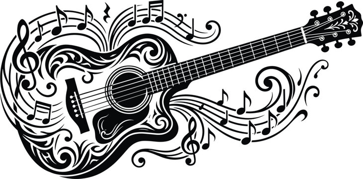 Black and white acoustic guitar vector illustration featuring elegant swirling tribal filigree patterns and flowing musical notes isolated on a clean white background