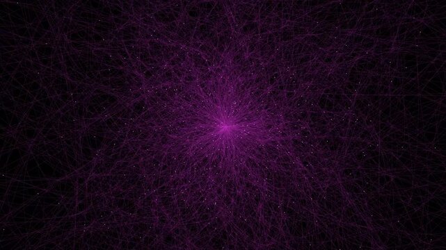 Purple digital network connections pulse with glowing particle data nodes across a dark background in an abstract neural visualization 3D loop