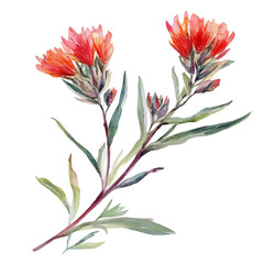 Indian Paintbrush Branch, beautiful watercolor illustration with vivid colors and detailed vector style, isolated on a white background. © soltrex