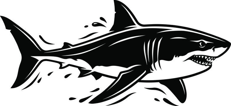 Great white shark vector illustration silhouette swimming with water splashes and sharp teeth isolated on white background ocean predator marine wildlife mascot