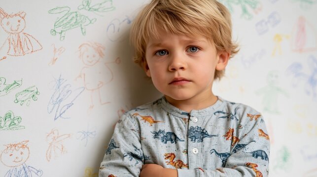 Young boy with a guilty expression stands arms crossed against a wall with drawings