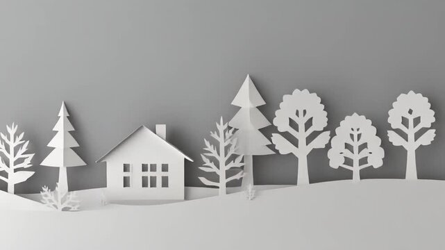 snowy village landscape animation with trees and house transition