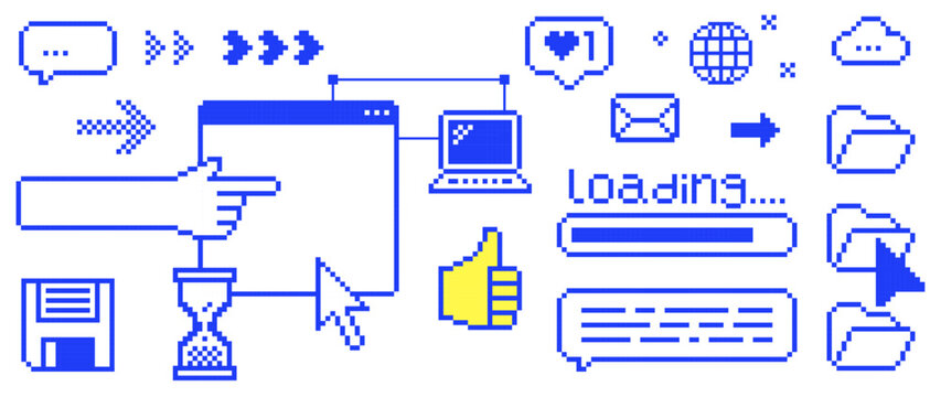 Y2K pixel tech workflow UI vector elements. Browser window, loading bar, cursor, cloud storage, folders, interaction icons on white bg. Retro 8-bit assets for SaaS dashboards, web apps and onboarding