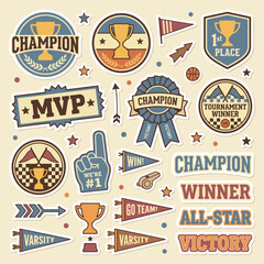 Naklejka premium A vibrant collection of sports championship badges and stickers display various awards including trophies and flags.