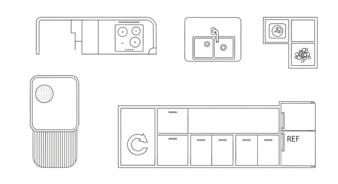 Sustainable Smart Kitchen CAD Blocks with High-Efficiency Appliance Symbols. Net Zero Kitchen Floor Plan Symbols, Sustainable Appliance CAD Blocks, Vector Kitchen Layout Icons