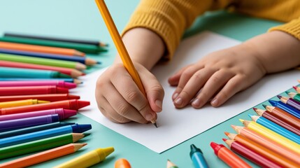 Naklejka premium Close-up of a young child's hands drawing with a yellow pencil on white paper