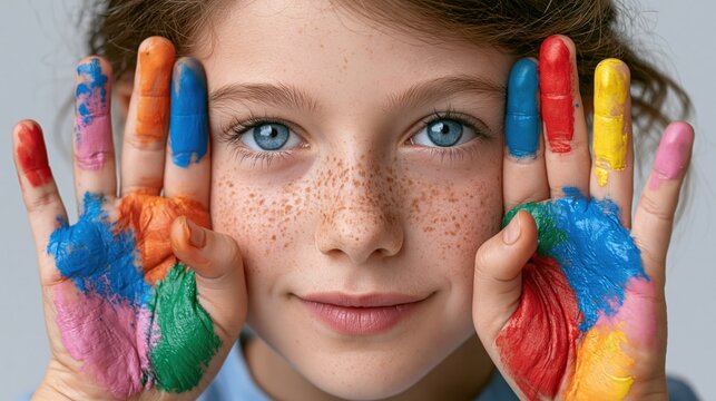 Young girl with freckles and colorful paint on her hands smiles brightly