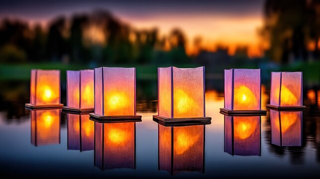 Glowing paper lanterns floating on calm lake at dusk