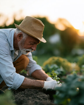Senior man tending garden with care and focus. Wearing straw hat and gloves, he bends low. Warm sunsets glow behind rows of green vegetables. Calm, peaceful, and deeply connected to nature