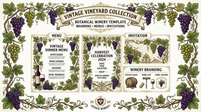 Vintage vineyard collection botanical winery branding template with grape vines and wine menu