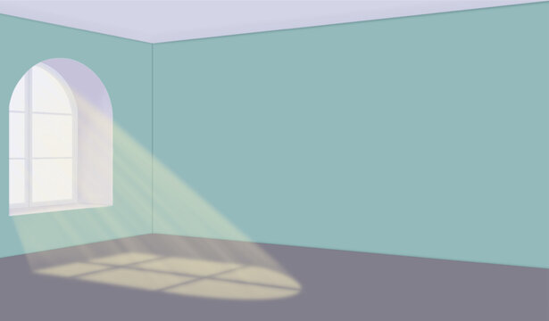 Isolated sunlight in a room from a window. Sunlight, sunbeams, and their reflections on the floor in a gray-green room. Vector illustration.