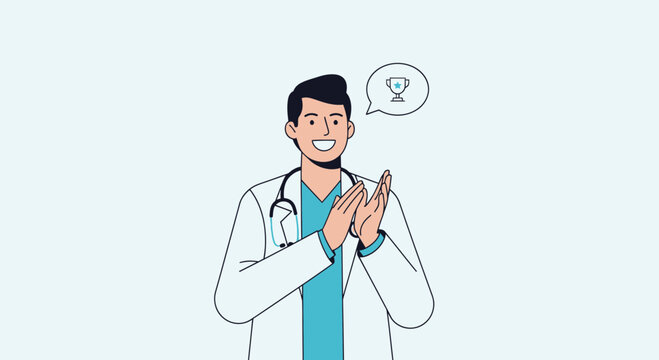 Doctor Clapping Hands, Trophy Icon in Speech Bubble, Celebrating Success