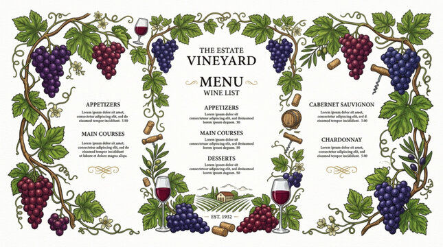 Botanical grapevine arrangement template for winery wine list and restaurant dinner menus