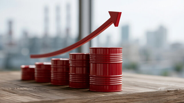 Rising Oil Prices: A graphic representation of increasing oil prices, with stacked red oil barrels and an upward trending arrow against a city skyline.
